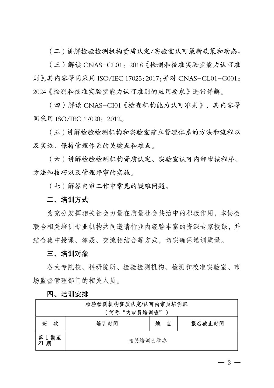 中國(guó)質(zhì)量檢驗(yàn)協(xié)會(huì)關(guān)于開展2024年檢驗(yàn)檢測(cè)機(jī)構(gòu)資質(zhì)認(rèn)定/認(rèn)可內(nèi)審員培訓(xùn)班的通知(中檢辦發(fā)〔2024〕79號(hào))